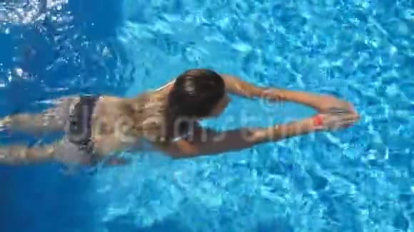 年轻漂亮的女孩在游泳池游泳在阳光明媚的日子里布鲁内特在清澈的温水中放松顶部视图关闭慢速运动视频的预览图