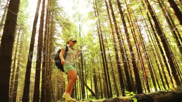 一个带背包的年轻女子会沿着一棵倒下的树穿过峡谷视频的预览图