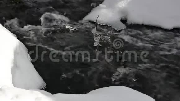 在雪岸上快速流淌的冬季寒冷的河流近景视频的预览图