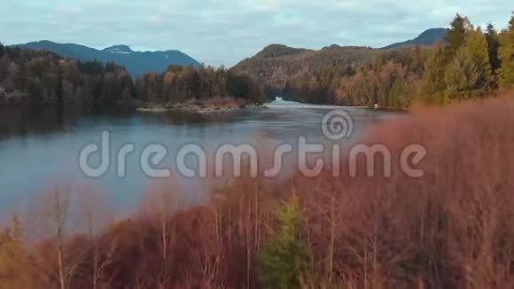 日落时飞过红树飞向原始的山湖和河流视频的预览图