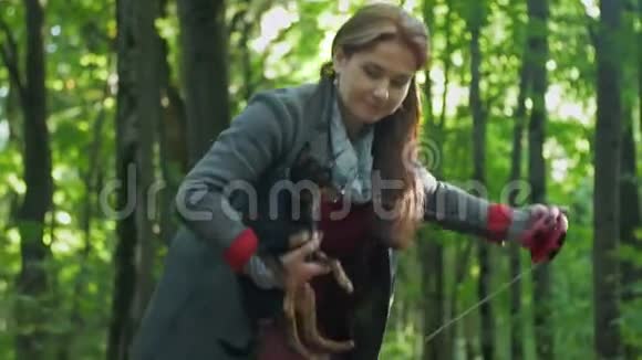 森林里的女人把一只小狗放在地上第二只狗拉着自己的皮带视频的预览图
