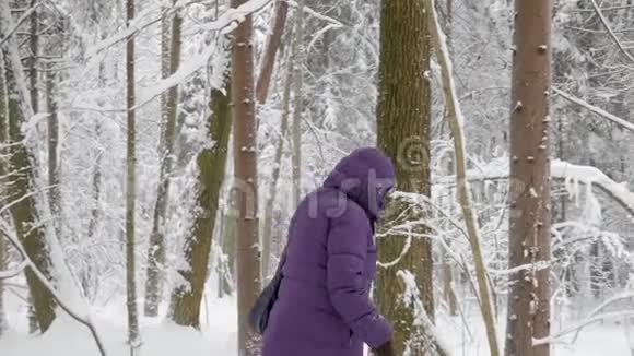 穿冬装的女人带着兜帽艰难地穿过冬林视频的预览图