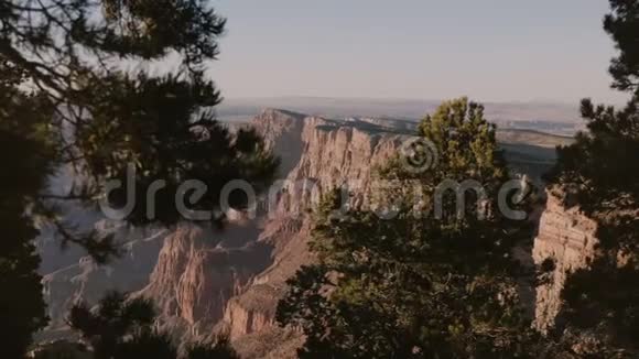 镜头移向松树后展现壮观的日落山全景雄伟的大峡谷国家公园美国视频的预览图