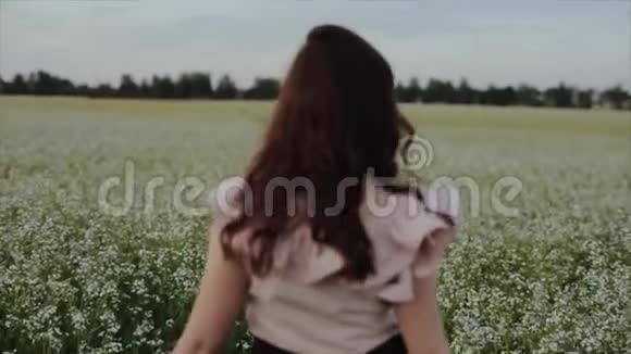 美丽的年轻黑发女孩穿着黑色裙子走在田野上从后面看把他的肩膀翻过来视频的预览图