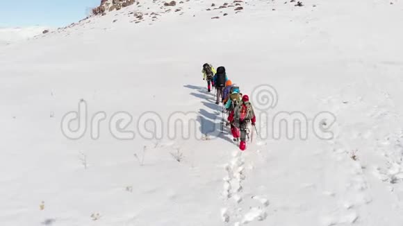 一群登山者由七个人组成他们顽强地努力克服积雪和天气视频的预览图