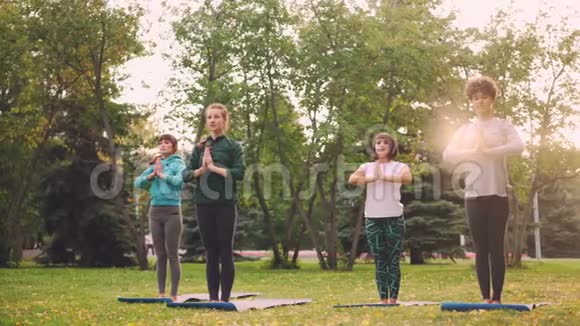 瑜伽学生在周末在公园的课堂上练习体式放松身心娱乐视频的预览图