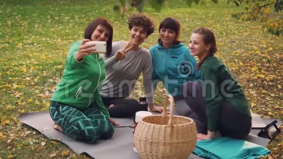 漂亮的年轻女人在公园野餐时坐在草地上用智能手机自拍摆出姿势笑着视频的预览图