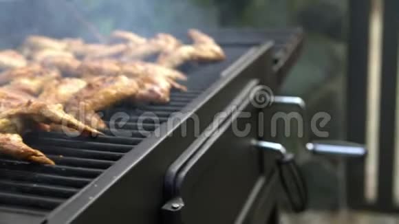 4K在烤肉上用美味的鸡翅烧烤烧烤烧烤视频的预览图