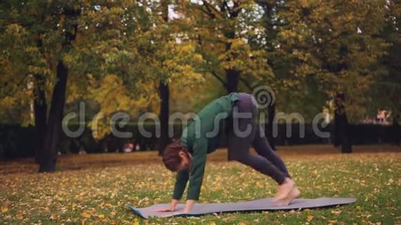 苗条的年轻女士在户外做瑜伽改变体式享受运动新鲜空气和秋天的自然视频的预览图