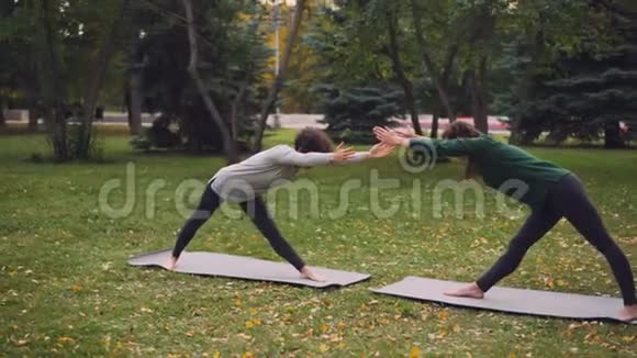 苗条的年轻女士正在公园户外训练在两人练习时一起做哈他瑜伽呼吸新鲜空气视频的预览图