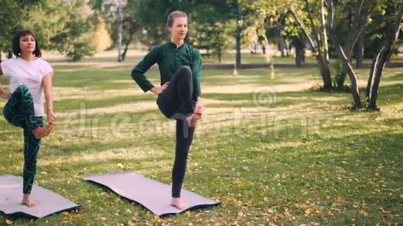 专业瑜伽教练教学生做平衡练习老师边说话边摆姿势视频的预览图