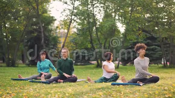 女瑜伽生们在公园的户外课堂上和女教练一起做伸展运动视频的预览图