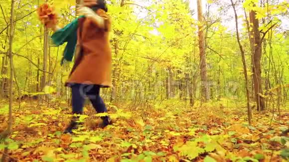 秋天公园里一个阳光明媚的日子里一个年轻的女人手里拿着枫叶旋转着把树叶扔到空中视频的预览图