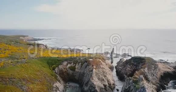 美丽的电影空中拍摄海鸥飞越田园诗般的海洋海岸岩石和海浪在夏季大南加州视频的预览图