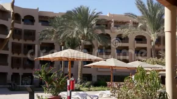 酒店海滩有日光浴床和遮阳伞视频的预览图
