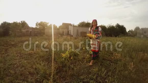 晚上一个穿着乌克兰传统民俗服装的女孩在一个村庄的菜园里手里拿着一个南瓜视频的预览图