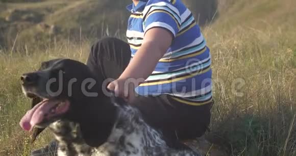 男孩坐在石头上和一只狗玩视频的预览图