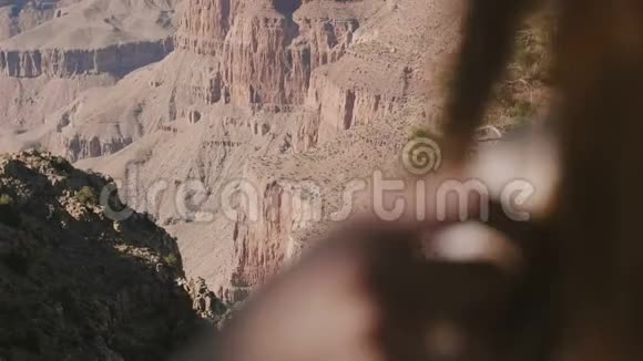 镜头盘肩后幸福的女人享受不可思议的大峡谷史诗般的风景沙漠山景视频的预览图