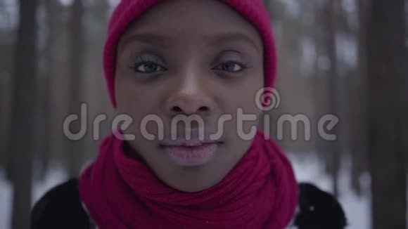 美国黑人女孩站在冬天的森林里看镜头特写的肖像穿暖和夹克的漂亮女孩视频的预览图
