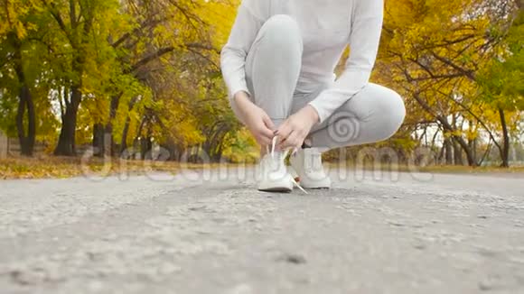 在秋天的大自然中在沥青跑道上系鞋带的跑步者年轻的女人准备开始跑步女孩从事户外运动视频的预览图