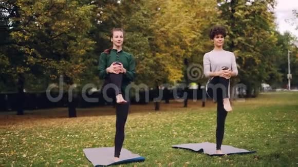 在公园里有几个女孩在做瑜伽练习单腿平衡练习视频的预览图