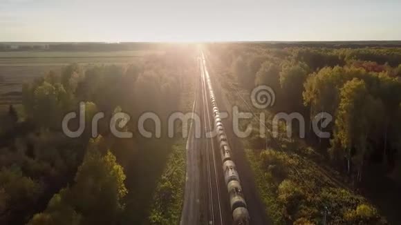上景货物列车通过木材穿过日落视频的预览图