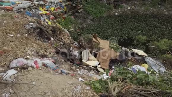 池塘上的垃圾靠近乡村道路视频的预览图