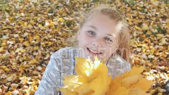 微笑的少女摆着秋叶视频的预览图