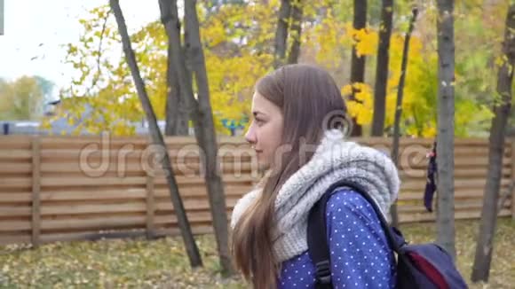 美丽的年轻女子戴着针织围巾在秋天的公园散步视频运动视频的预览图