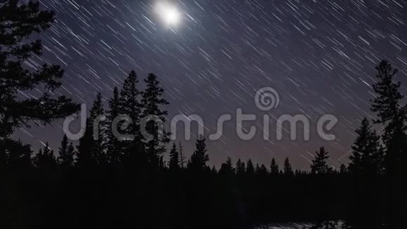 在一片有着五颜六色星迹的森林中月亮落下的时间视频的预览图