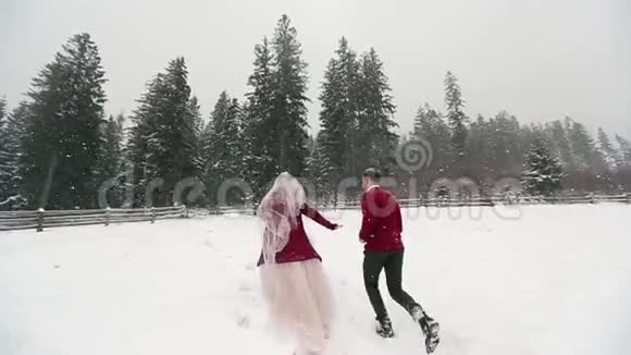 年轻的新娘跑到森林要求新郎跟随她在大雪下在兰乔玩得开心冬季婚礼视频的预览图
