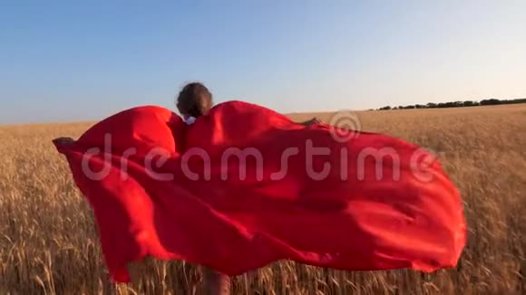 穿着红色斗篷的女孩用小麦穿过田野在蓝天上奔跑视频的预览图