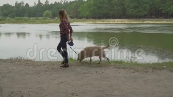 Curly女士和她的狗在湖边散步视频的预览图