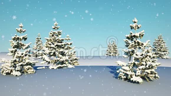 飘落的雪在白色的风景与树木冬季背景新年3D动画4K视频的预览图