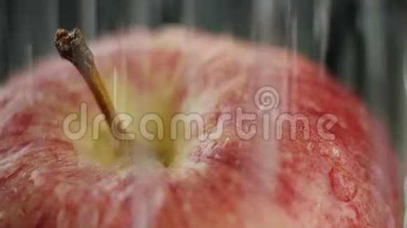 在视频中我们看到一个红苹果水开始从顶部倾泻就像一个坚硬的淋浴黑色的背景特写视频的预览图