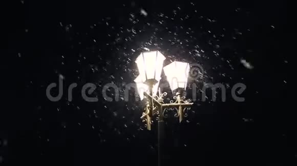 街上的城市灯光照亮了慢慢飘落的雪夜冬路灯伴落雪美丽的雪视频的预览图