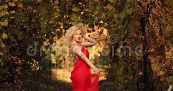 美丽性感的金发女人穿着红色长裙在秋天公园散步视频的预览图