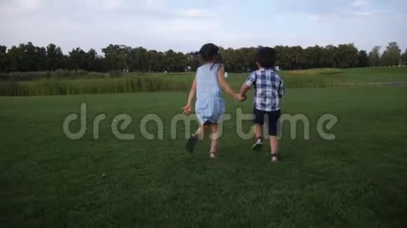 两个兄弟姐妹在夏季公园跑步的后景视频的预览图