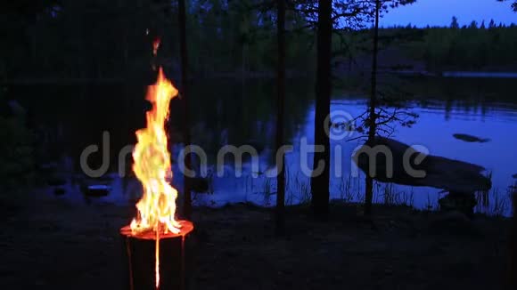 瑞典或芬兰圆木蜡烛靠近黄昏湖夜晚从木头里燃烧起来视频的预览图
