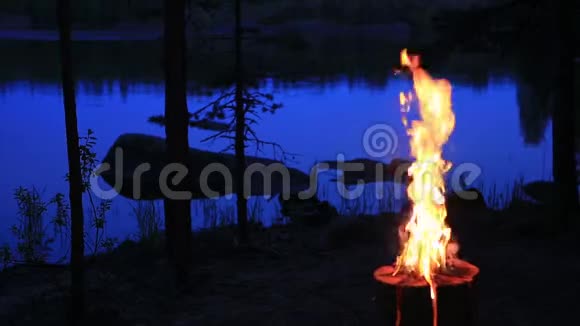 瑞典或芬兰圆木蜡烛靠近黄昏湖夜晚从木头里燃烧起来视频的预览图