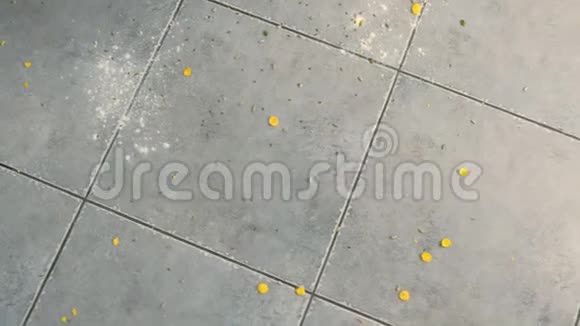 厨房地板上灰色瓷砖上的玉米片面粉和种子肮脏的厨房地板上有剩菜顶景照相机视频的预览图