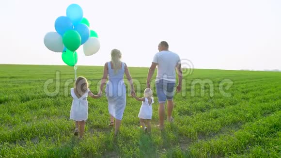 带着气球的年轻幸福家庭带着两个孩子在绿色的田野上有孩子的家庭夏天散步的孩子视频的预览图