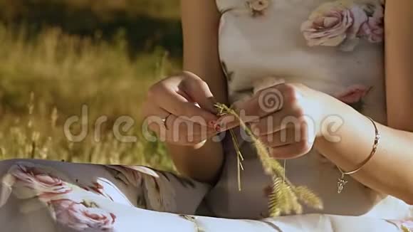 梦中的女孩坐在公园里手里拿着一个小穗慢动作视频的预览图