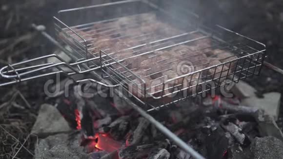 网格烧烤中的美味肉是在煤上准备的视频的预览图