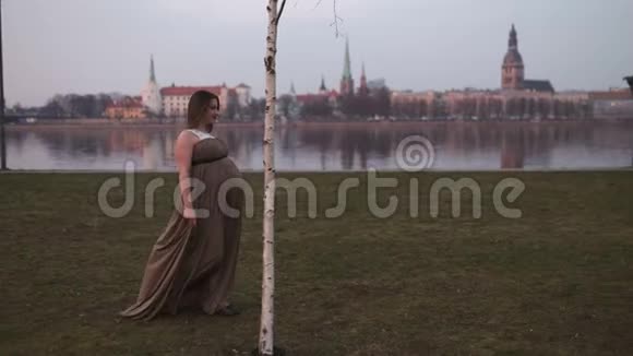 生动的洋红色日落年轻的孕妇在她的旅行目的地国家拉脱维亚看到城市里加视频的预览图