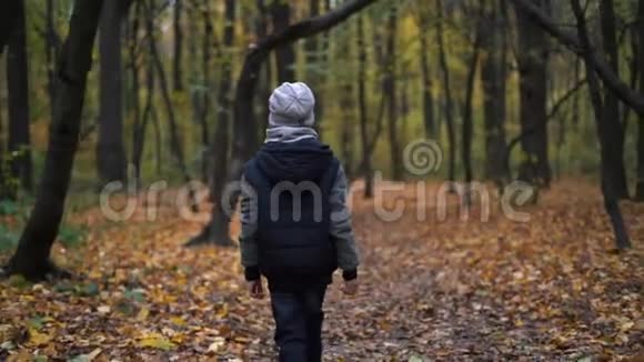 秋天森林里一个穿着深蓝色夹克的孤独男孩脚踏式固定射击视频的预览图