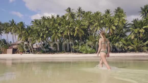 美丽的女人穿着比基尼在海边散步蚂蚁在炎热的日子掉进淡水里微笑的女人享受海水视频的预览图