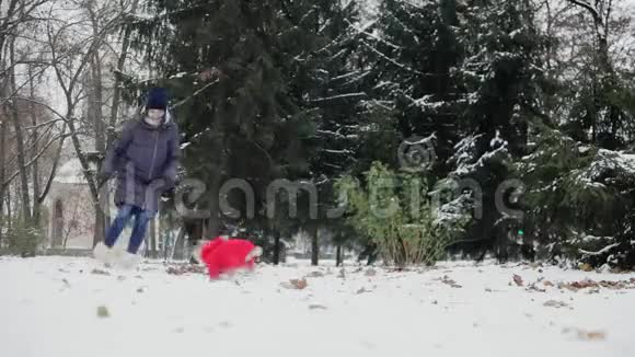 帕格在雪地公园追赶一个女孩扮成圣诞老人的狗新年概念视频的预览图