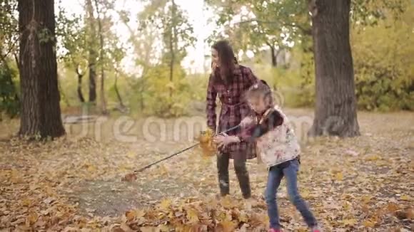 小女孩和她妈妈正在清理从树上掉下来的树叶视频的预览图