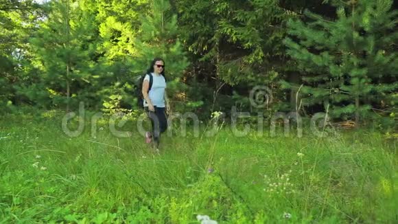 女游客漫步在森林的空地上视频的预览图